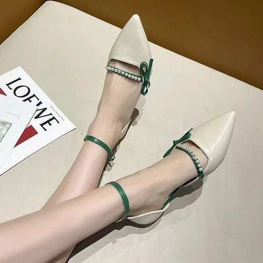 Women Pearl Pumps Heeled Pointed Toe with Side Bowknot