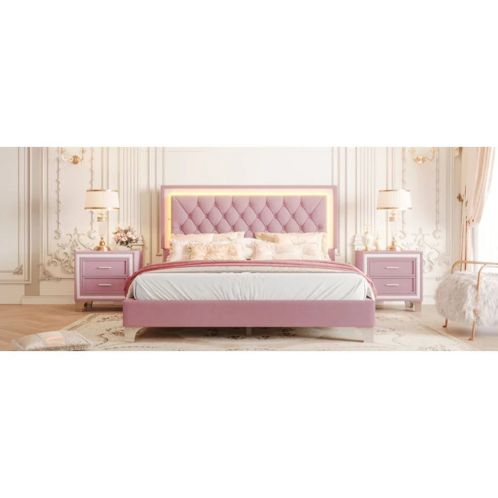 Three -Piece Upholstered Platform Bed Set with LED Lights and Nightstands Pink Velvet Foam-Filled Elegance & Ambiance Easy