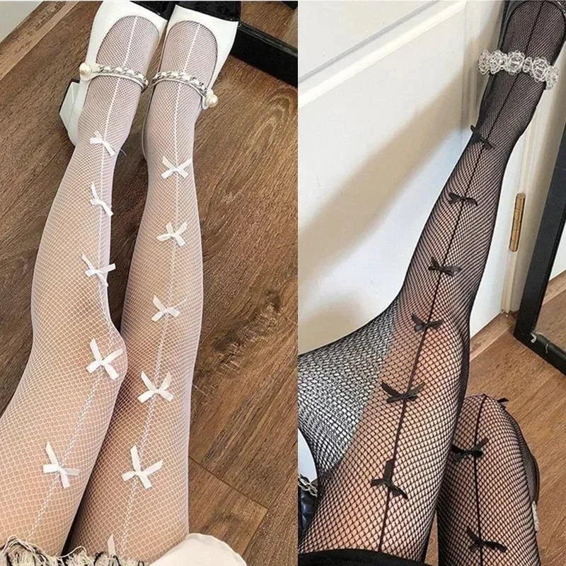 Women Stockings Pantyhose Hollow Out Transparent Slim Fishnet Pantyhose with Bow-knot