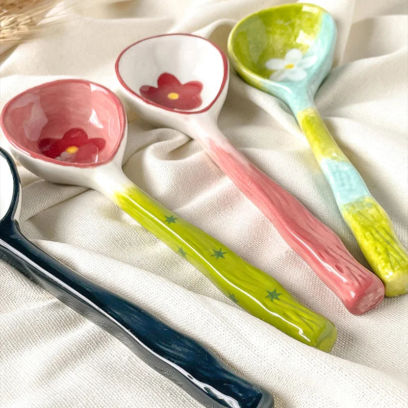 Kawaii Cute Ceramic Flower Spoon Hand Painted Dessert Spoon With Long Handle