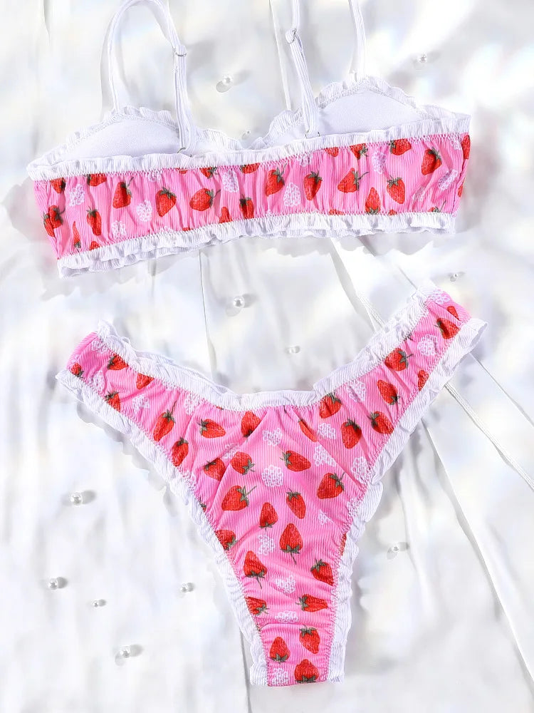 Fruit Ruffle Two Piece Suit Print Low Waist Women Swimwear