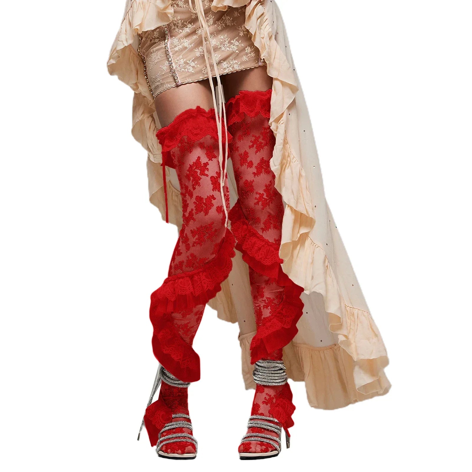 Women's Vintage Floral Lace See-through Thigh High Socks Coquette Sheer Ruffled Stockings