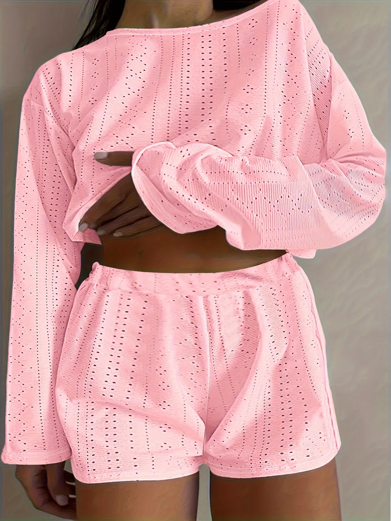 Plus Size Eyelet Casual Shorts Set, Crew Neck Long Sleeve Top & Shorts Outfits, Women's Plus Size Clothing