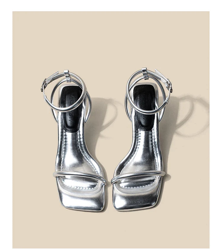 Women's High Heel Sandals Square Toe Thin Heels One-length Strip Open Toe Sandals