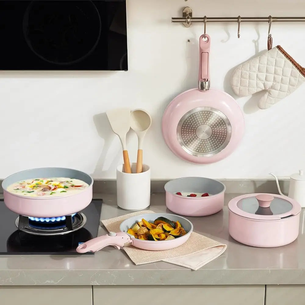 Pink Grey Non-stick Pot And Pan Sets With Removable Handle, Ceramic Cookware Set Detachable Handle, Induction Kitchen