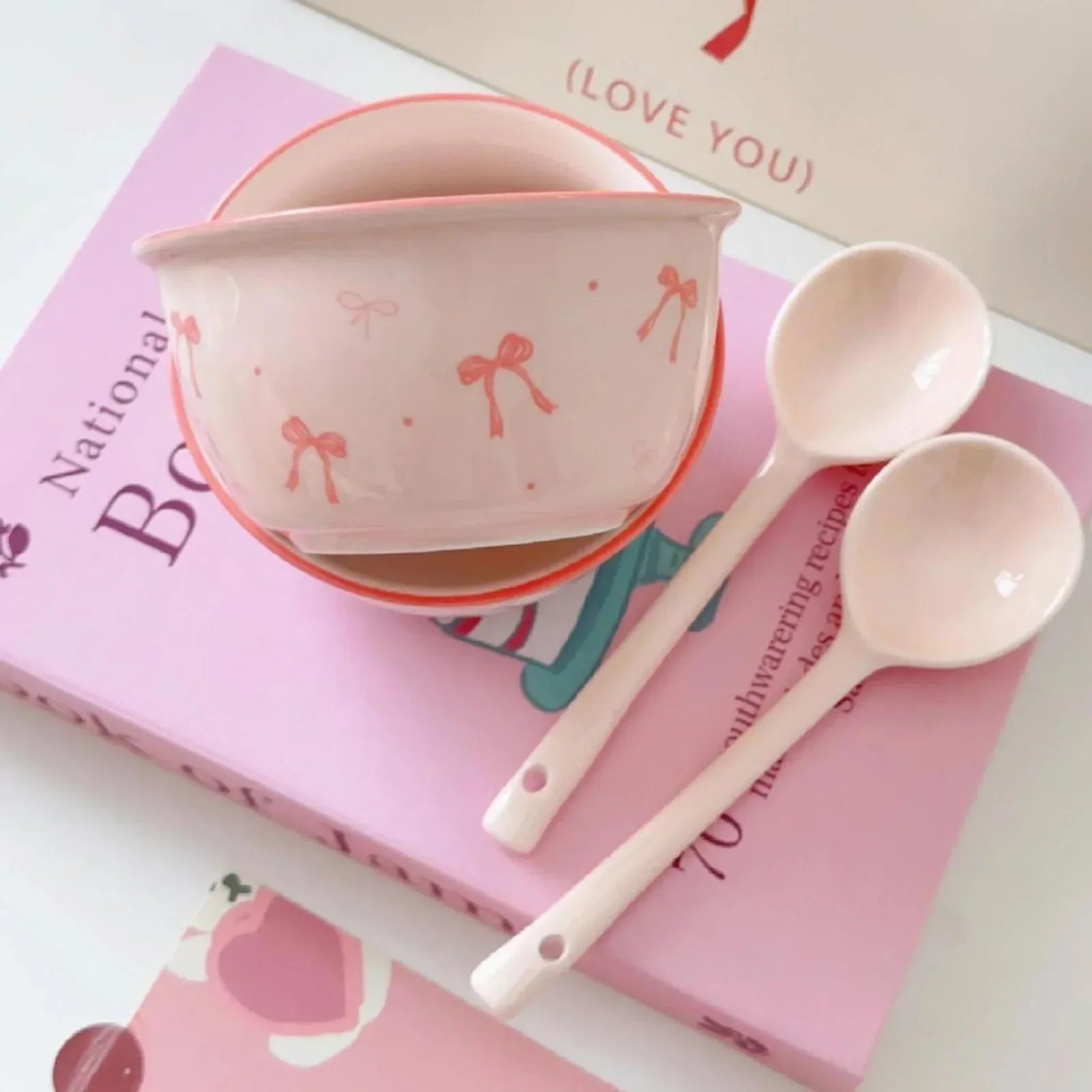 Pink Bow Bowls Cute Underglaze Colored Bowknot Ceramic Rice Bowl With Spoons