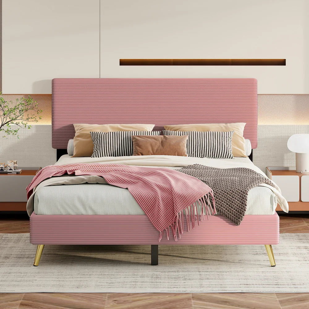 Pink 2 Pieces Bedroom Sets Queen Size Upholstered Bed Frame, Modern Corduroy Storage Ottoman