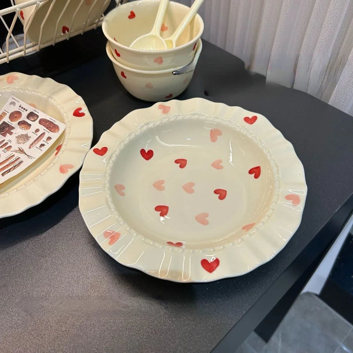 Cream Love Heart Lace 8.5inch French Deep Plate Ceramic