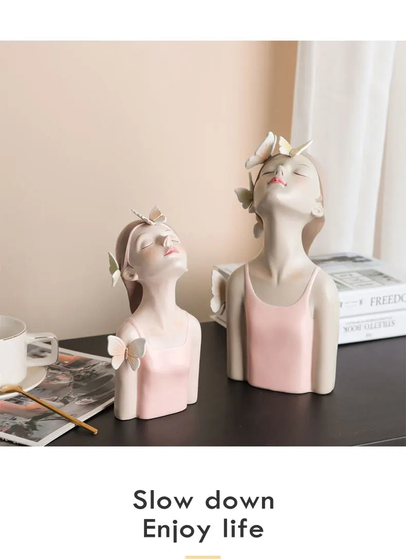 Pink Girl Butterfly Fairy Figurines, Resin Tabletop Statues, Creative Girl Bust With Butterflies, Home Decor Craft