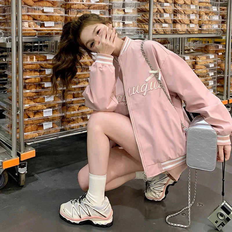 Sweet Butterfly Knot Pink Baseball Jacket Women's Spring Autumn Casual Loose Fit round Neck Full Sleeve Fashionable Coat
