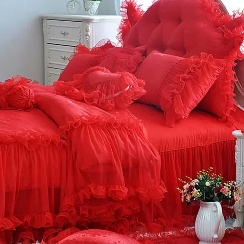 Pink Jacquard Satin Bedspread Bedding Set Luxury Princess Wedding Bed Set Lace Ruffle Duvet Cover Bed Skirt Pillowcases Cotton