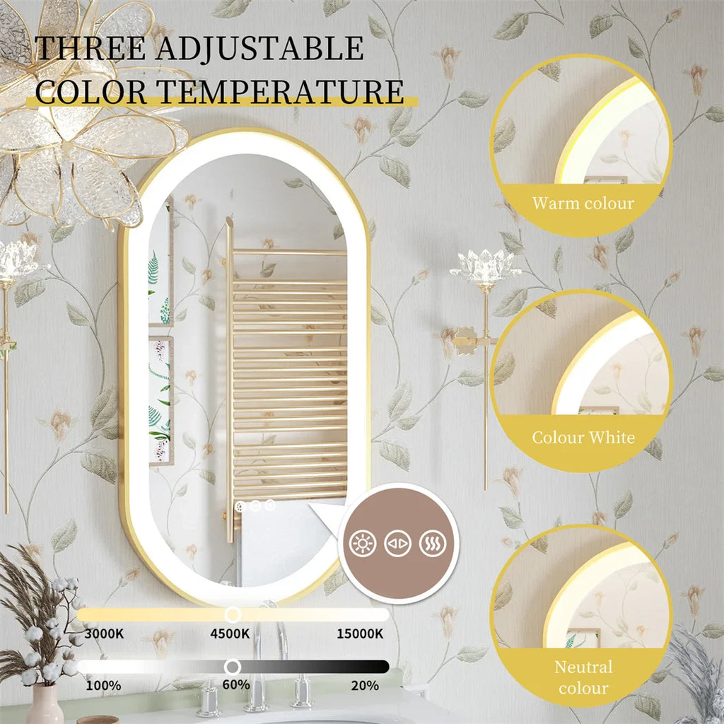Luxury Oval Led Illuminated Bathroom Mirror Gold Aluminum Frame with Demister Pad
