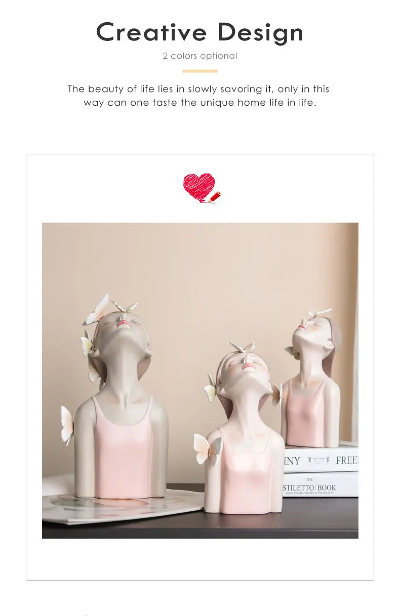 Pink Girl Butterfly Fairy Figurines, Resin Tabletop Statues, Creative Girl Bust With Butterflies, Home Decor Craft