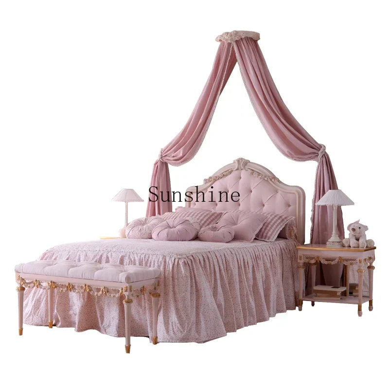 Solid Wood Pink Princess Bed European Leather Art Girl Single Bed
