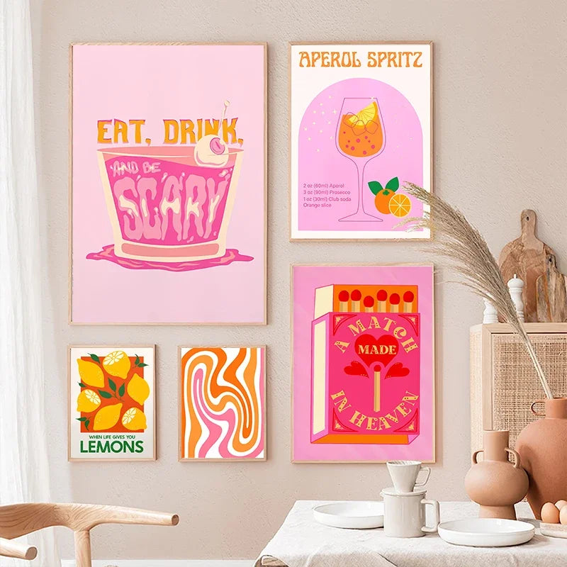 Pink Strawberry Lemon Card Cocktails Drink Posters Retro Canvas Painting