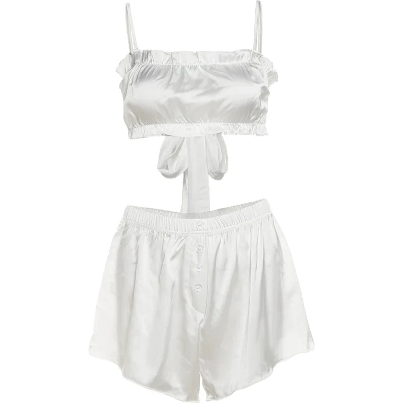 Silky Elegant Women 2 Piece Set Casual Sleeveless Ruffles Camisole+Button Shorts Matching Streetwear Casual Outfits