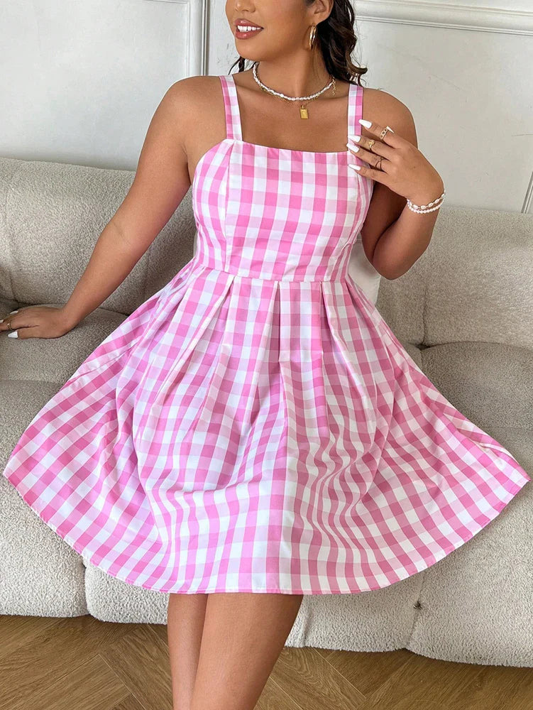 Plus Size Women's Summer New Plaid Smock Dress Sling Square Neck Dress Polyester Best for Summer