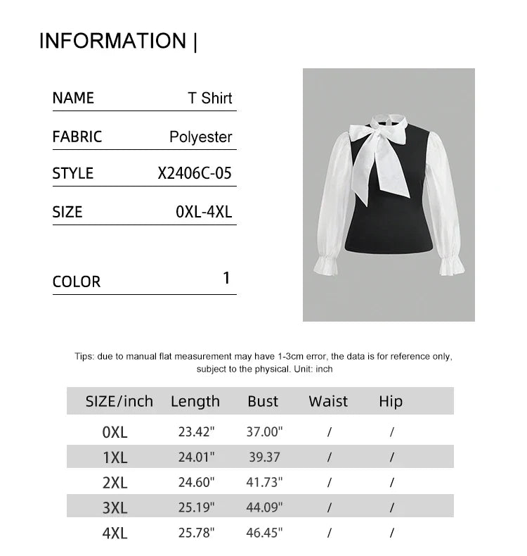 Plus Size Women's Elegant Contrast Bow Tie Long Sleeve A-Line Office Work Shirt Business