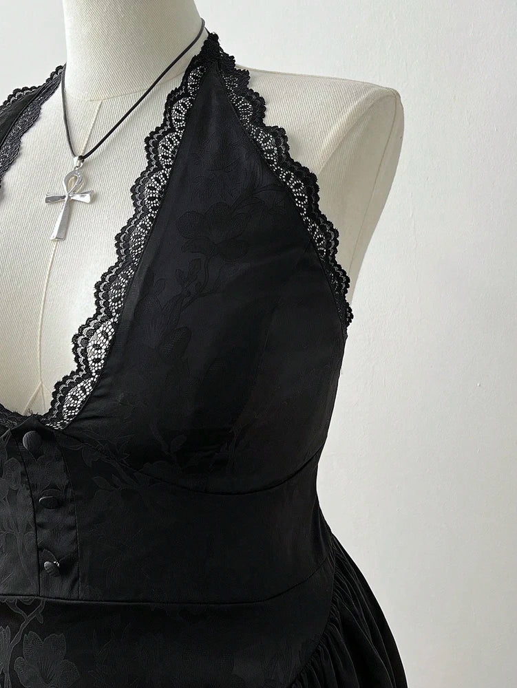 Plus Size New French Jacquard Neck Sexy Dress Solid Color V-Neck Lace Lace Back Cutout Polyester Material