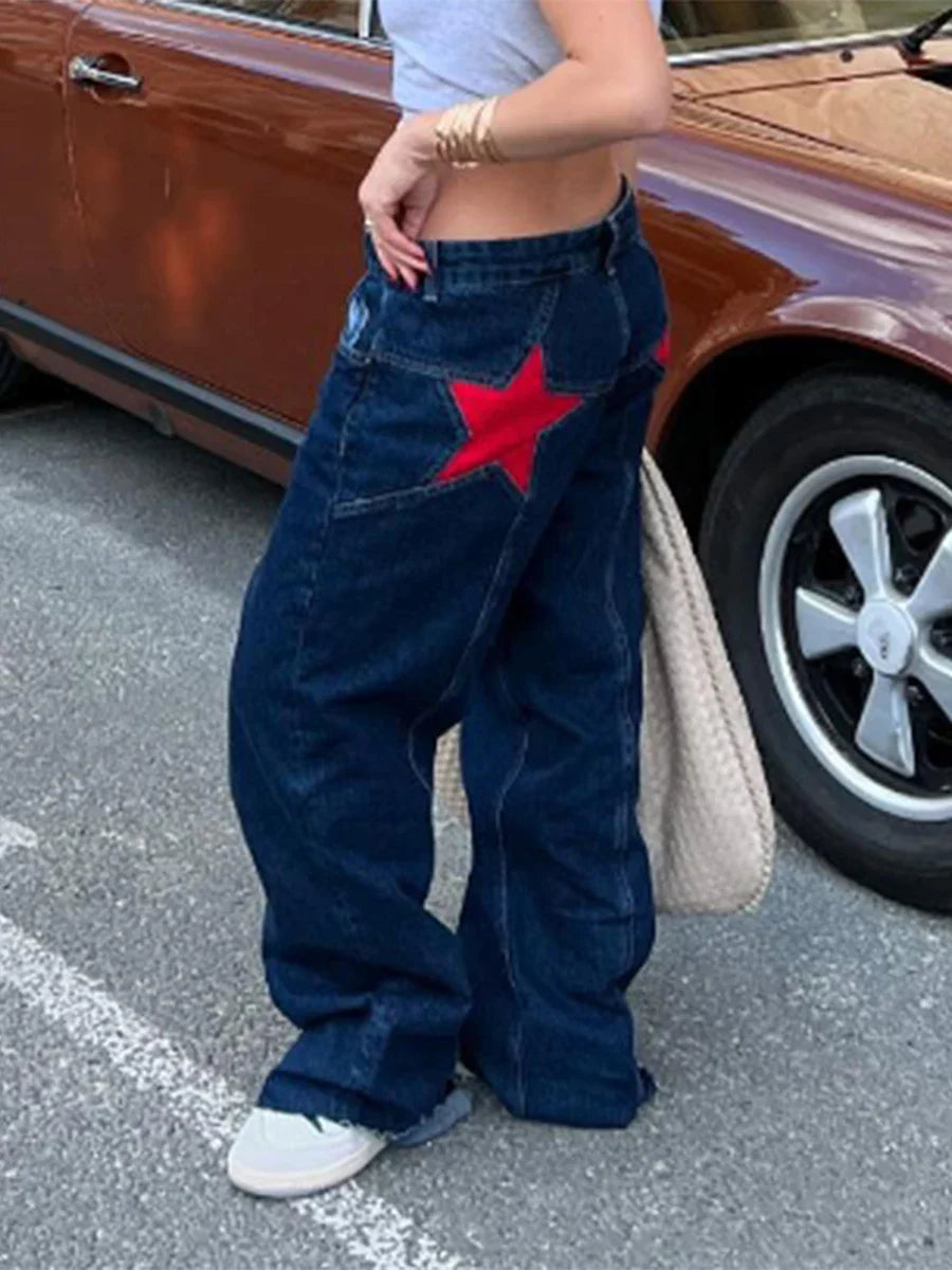 Women's Y2K Vintage Jeans Aesthetic Star Pattern Print Loose Straight Leg Denim Long Pants Casual Low Waist Trousers