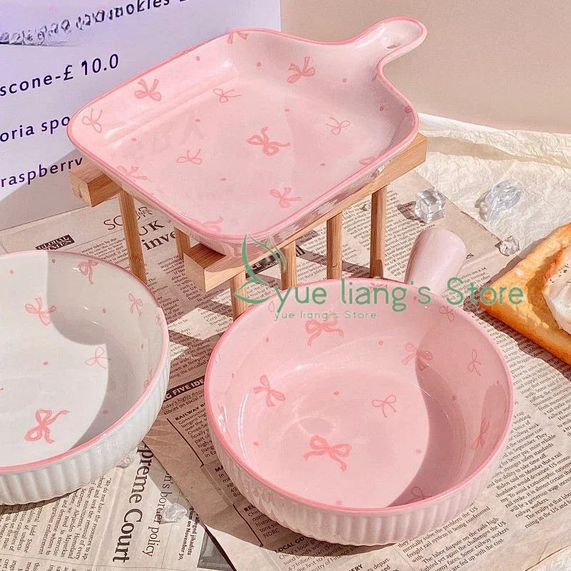 Pink Bow Ceramic Cutlery Set, Home Tableware Ceramic Handle Bowl Yogurt Cup High Value Breakfast Plate Drinkware