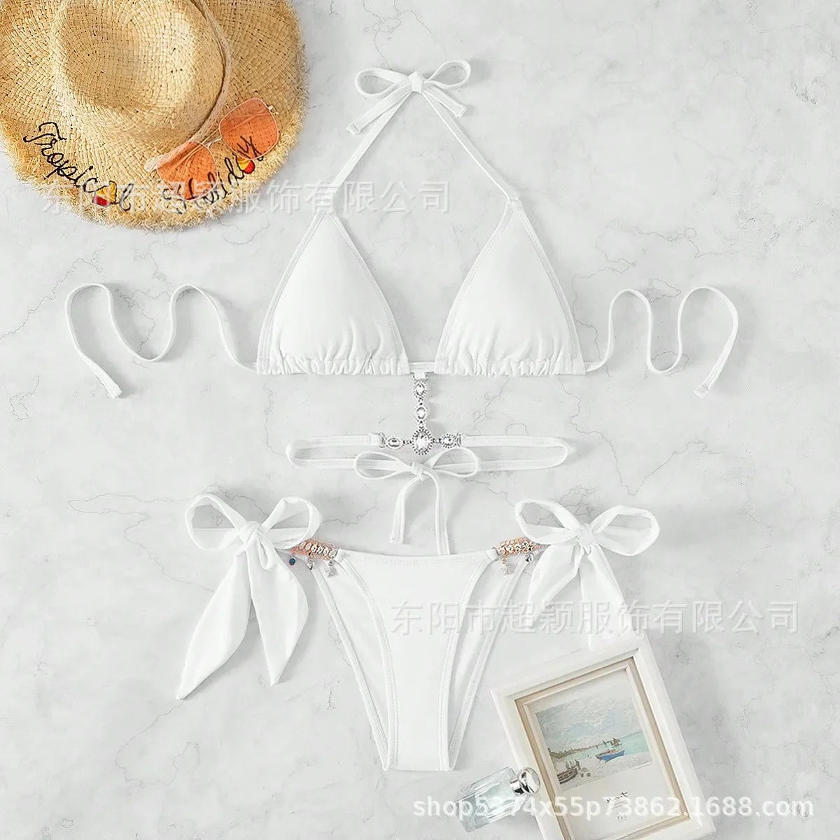 Women's Swimwear Crystal Diamond Triangle Bandage Backless Beach Bikini Swimsuit