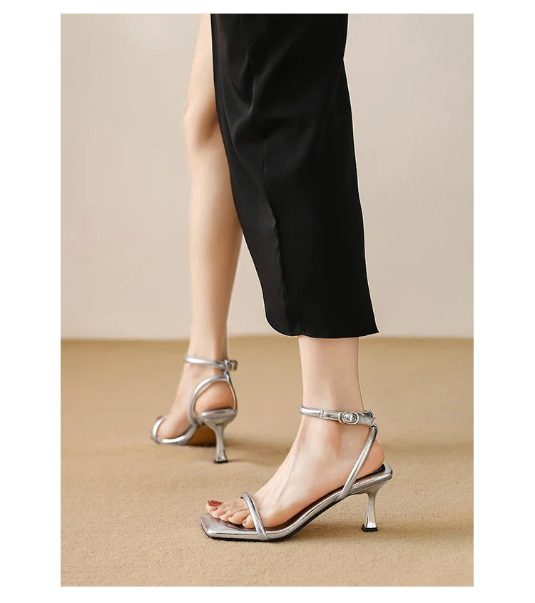 Women's High Heel Sandals Square Toe Thin Heels One-length Strip Open Toe Sandals