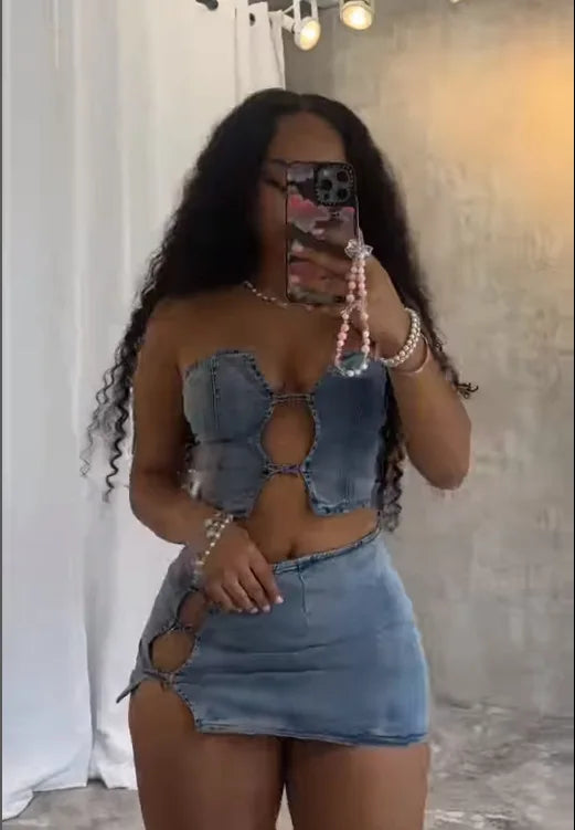 Women Set Sleeveless Denim Strapless Tops and Mini Skirt Suits Sexy Hollow Out Two 2 Piece Set Outfits