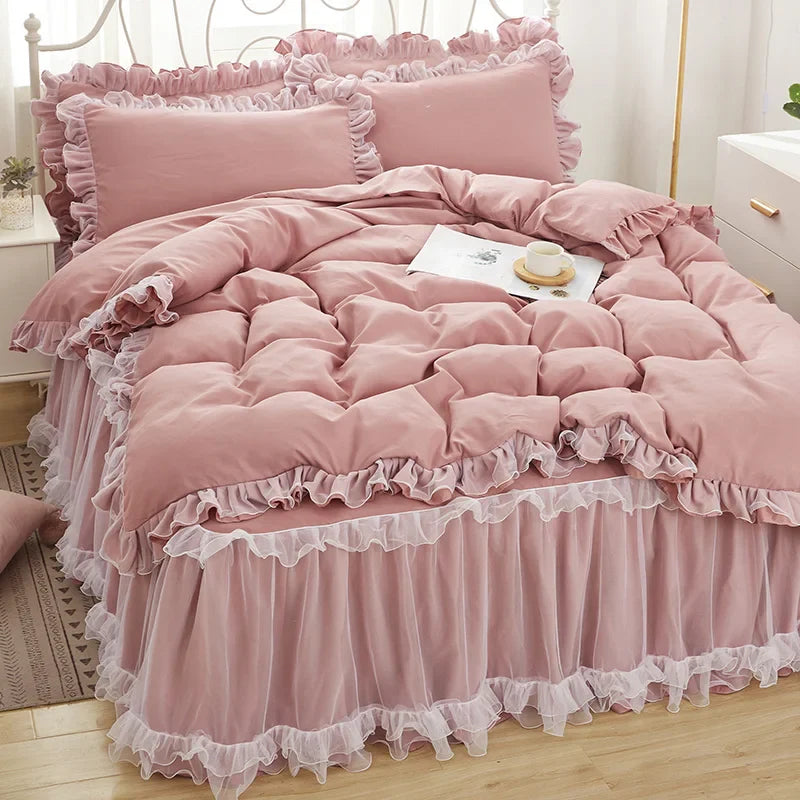 Princess Girl Pink Bedding Skirt Sheet With Lace Solid Color Bed Cover Pillowcase Decor Bedroom