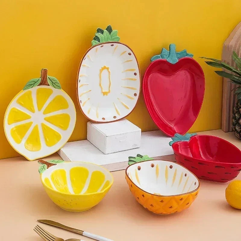 Hand Painted Fruit Shape Cute Fruit Salad Plate Creative Ceramic Bowl Pineapple Strawberry Lemon Ceramic Cutlery