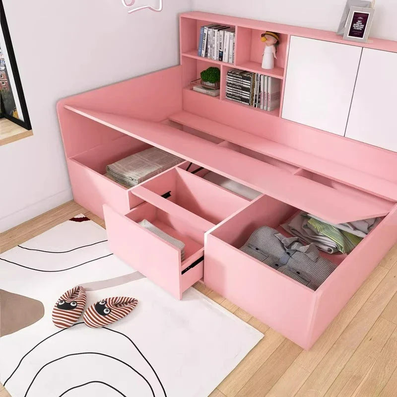 Girl Pink Princess Big Frame, Bedside Bookshelf Bed Integrated With Drawers Storage