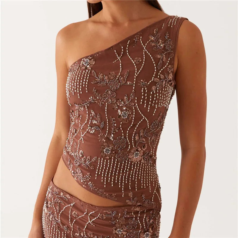 Women Y2k Sequin Sparkle Crop Tops Sexy One Shoulder Asymmetrical Backless Tank Top Glitter Beaded Rhinestone Slim Shirt