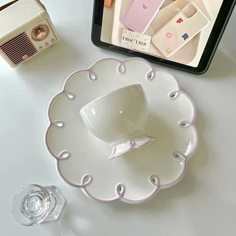 Ceramic Plate Floral Shape Solid Color Hollow Out Flat Dinnerware Afternoon Tea Cake Cookies Dessert Plates