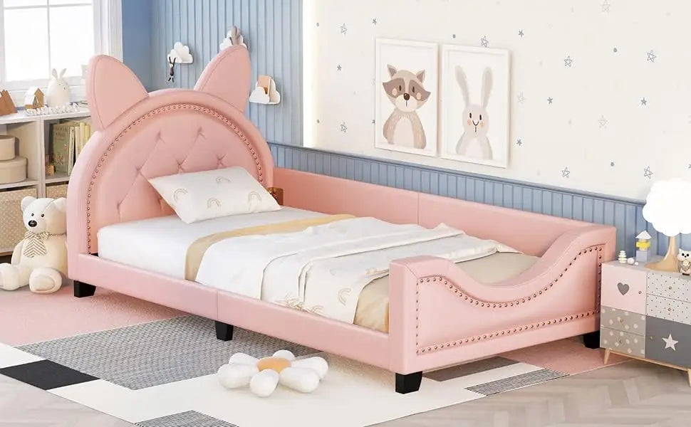 Pink Twin Size Wood Platform Bed Frame With House-Shaped Headboard For Girls Kids Toddler