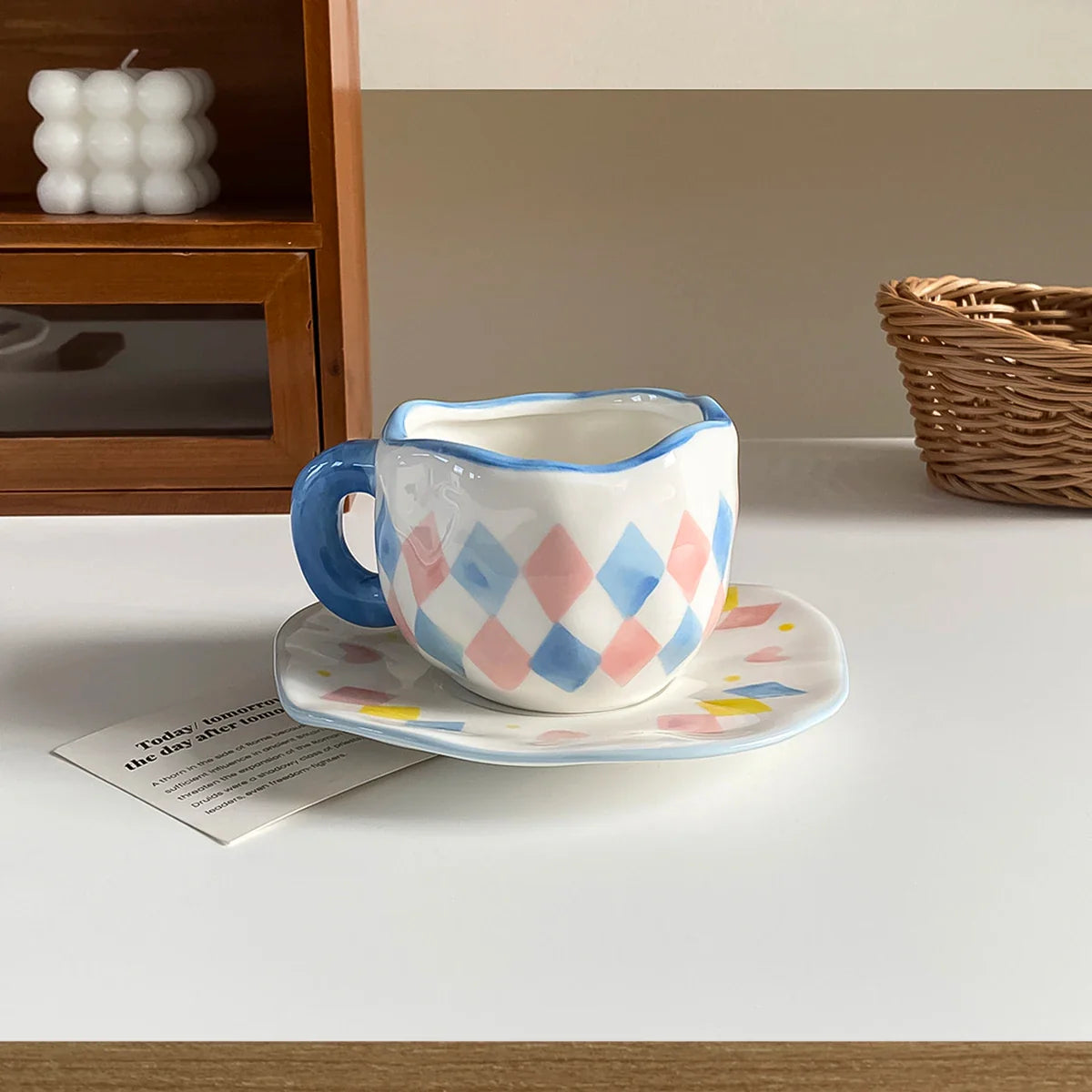 Hand-Kneaded Ceramic Cup and Saucer Multi-Color Plaid Heart Blue Sky and White Clouds Flower Mug Suitable for Afternoon Tea