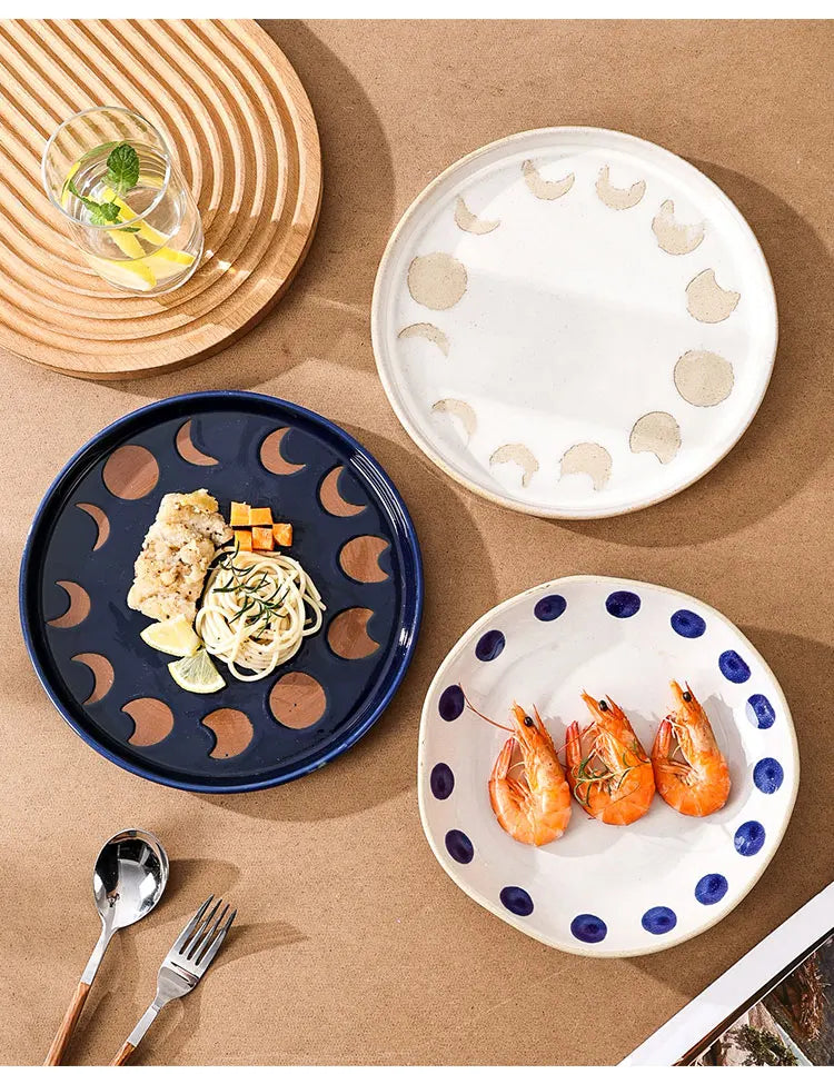 Vintage Hand Painted Dots Daisy Pottery Deep Plates Creative Moon Star Steak Flat Plate Handmade Salad Dinner Dishes