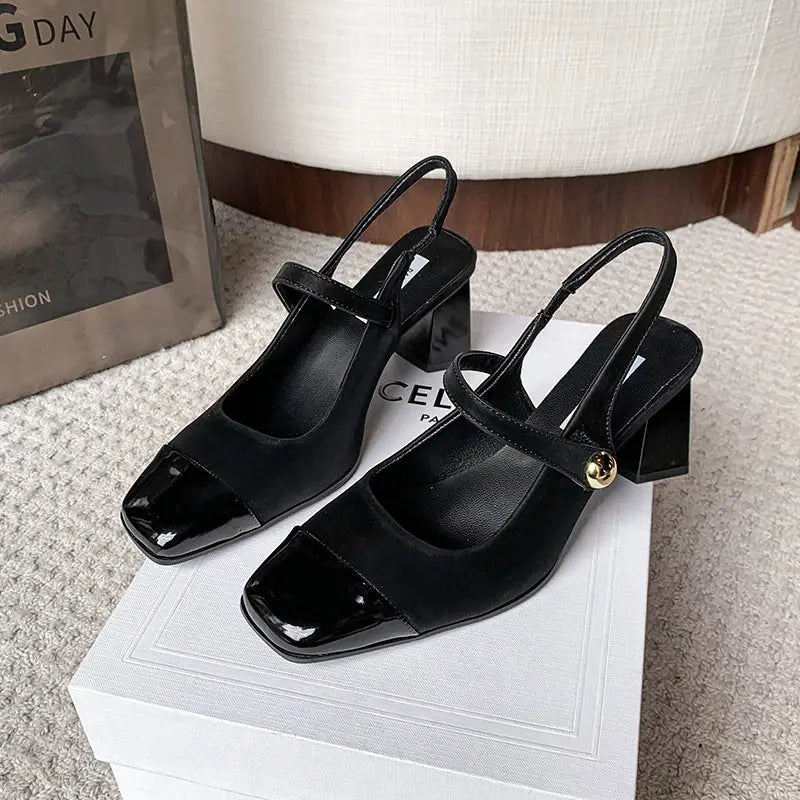 Fashionable High Heels, Summer New Style Spliced One-Strap Sandals, Sexy Exposed Heel Mid-Heel Sandals