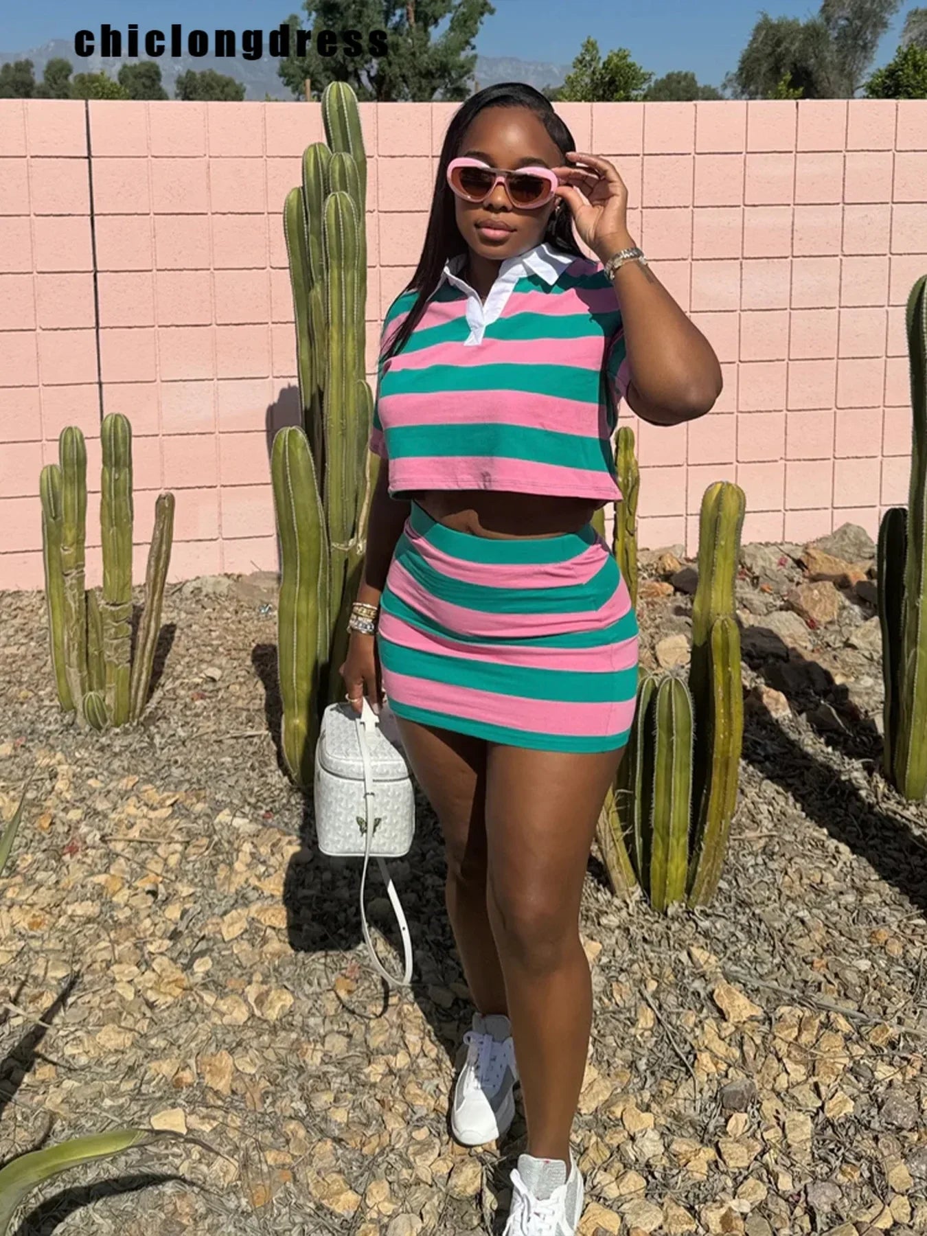 Striped Print Two Piece Set Women Casual Lapel Short Sleeved Polo Tshirt Skirt Two Piece Set Women