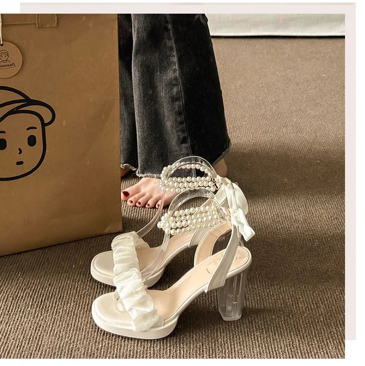 Women's Fashion Crystal Pearl High Heels Sandals