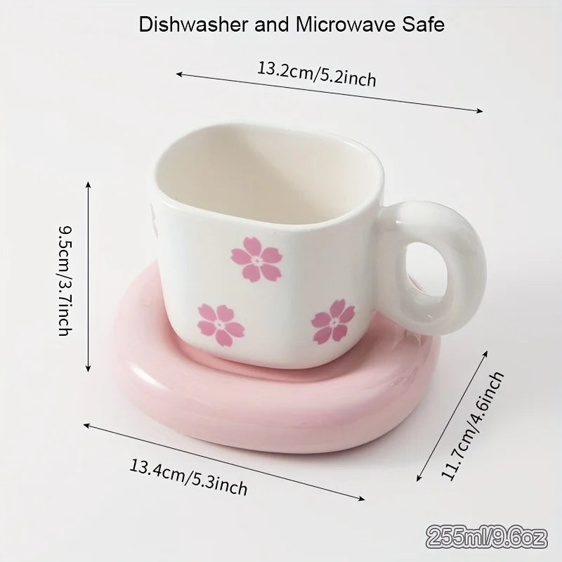 Cute Sakura Decal Plump Handle Cup with Plate Square