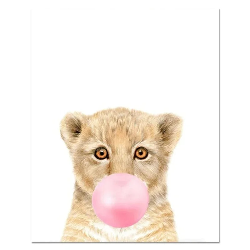 Kawaii Pink Bubble Gum Wall Art Canvas Painting Giraffe Poster Nursery Print Nordic  Animal Kids Pictures Baby Room Decor Tiger