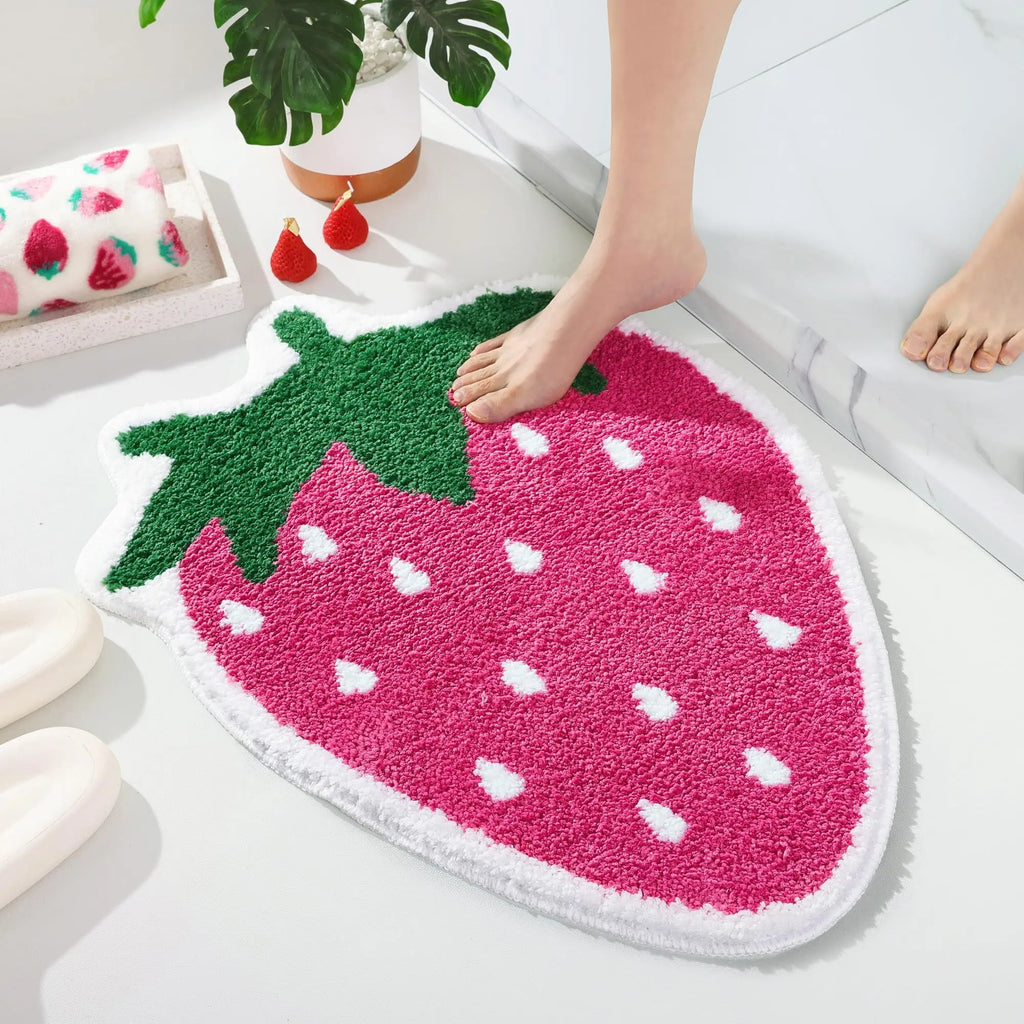 Strawberry Bathroom Rug Luxury Absorbent Non-Slip Mat Fruit Shaped Bathtub Plush Shower Rug Washable