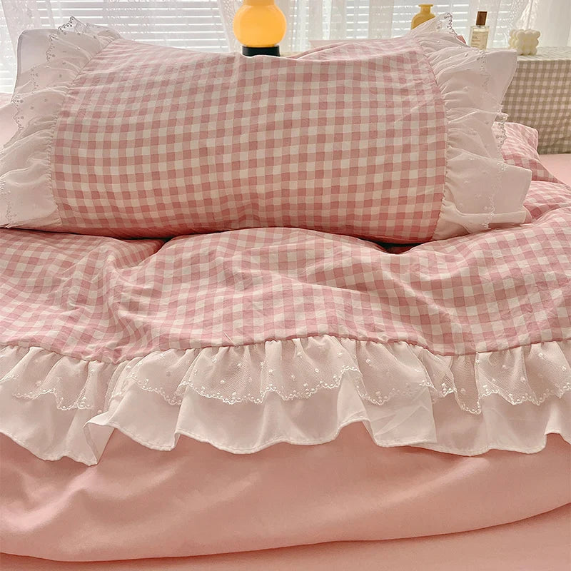 Plaid 3pcs Printed Bedding Set Lace Duvet Cover And 2pcs Pillowcases (no padding)