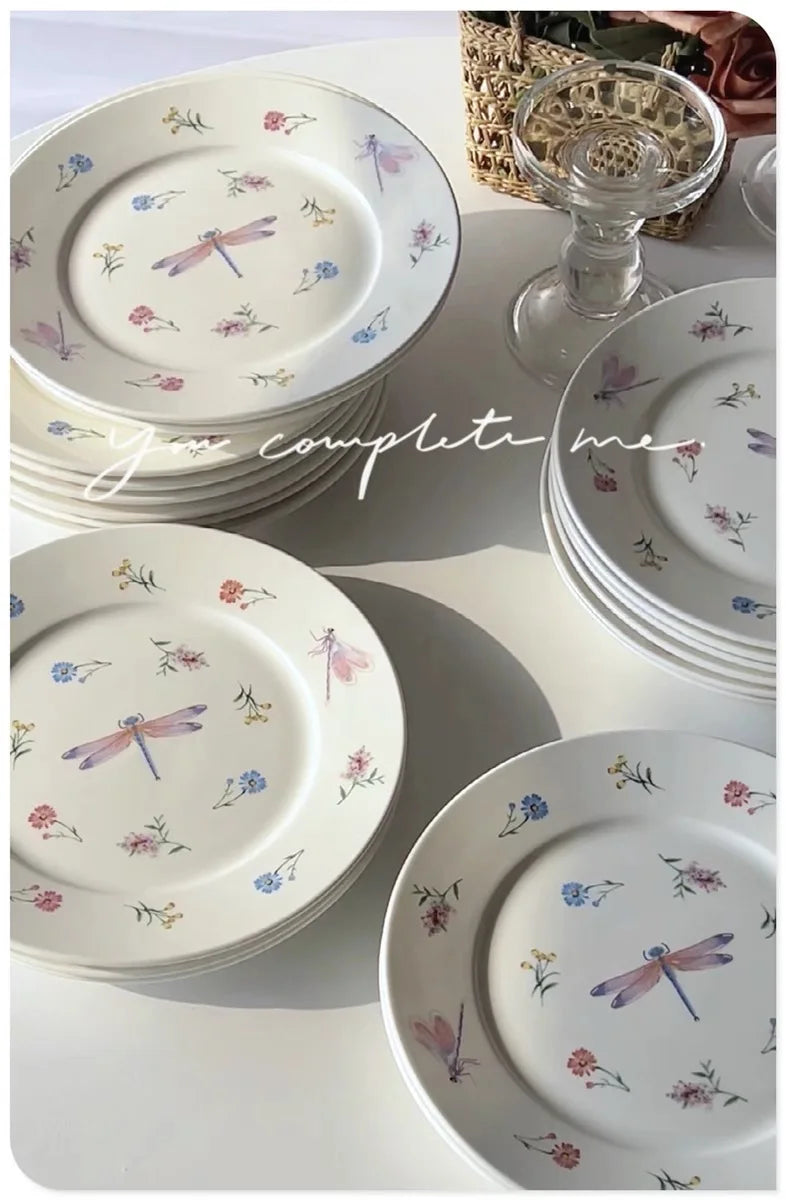 Garden Dragonfly Ceramic Dish Exquisite Round Ceramic Breakfast Dessert Plate Home Dish Plate High Temperature Resistant