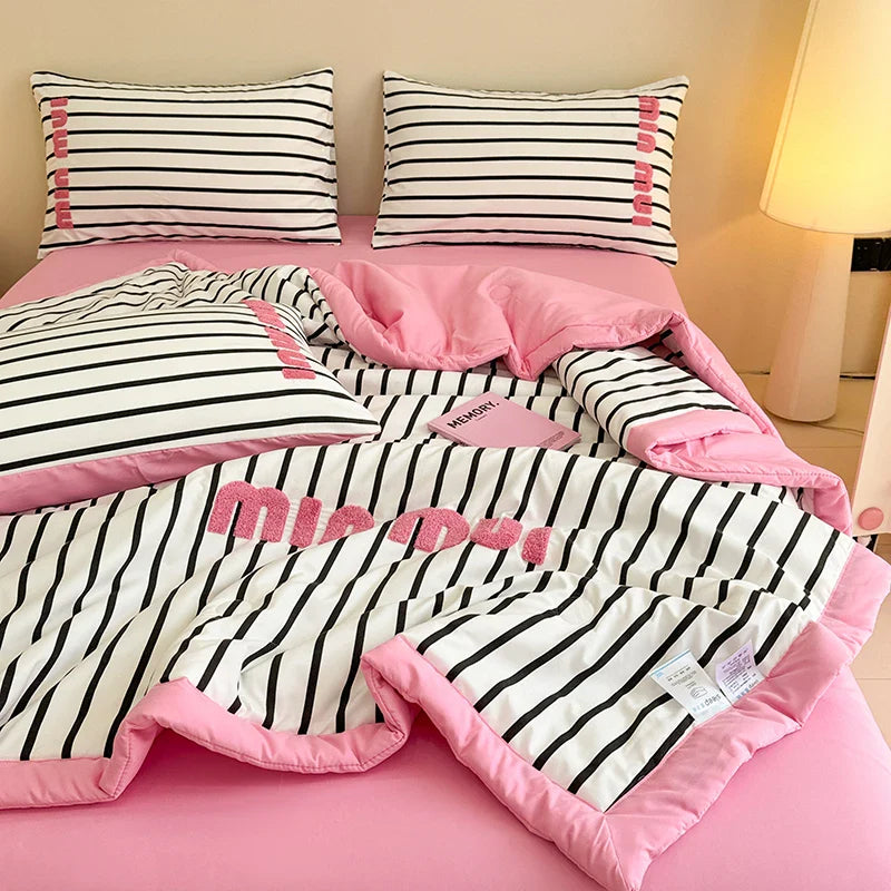 Stripe Quilt set Pink And White Bedding Set with Flat Sheet Set Soft  Fluffy Embroidery Quilt Set