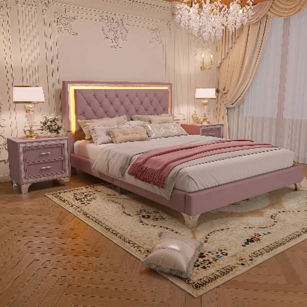 Three -Piece Upholstered Platform Bed Set with LED Lights and Nightstands Pink Velvet Foam-Filled Elegance & Ambiance Easy