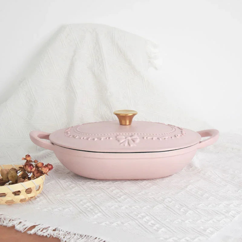 French Romantic Pink Kitchen Enamel Pot Embossed Elliptical Cast Iron Pots Home Stew Pot Grilled Fish Induction Cooker Soup Pots