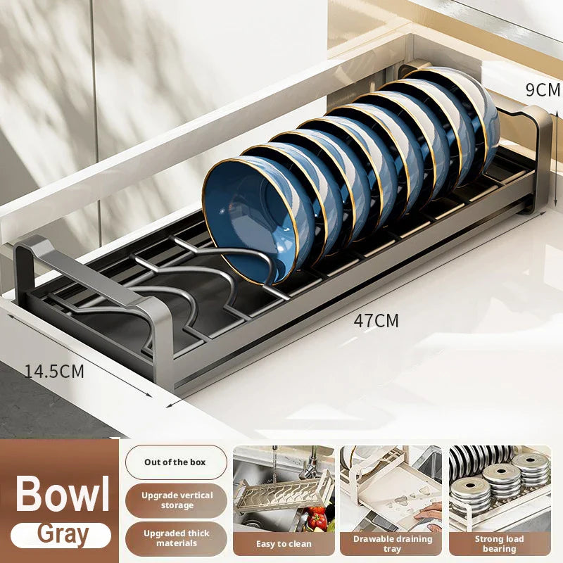 Pull Out Cabinet Dish Storage Rack Stainless Steel Plate Drain Stand Holder Kitchen Drawer Built-in Bowl Rack Basket Organizer