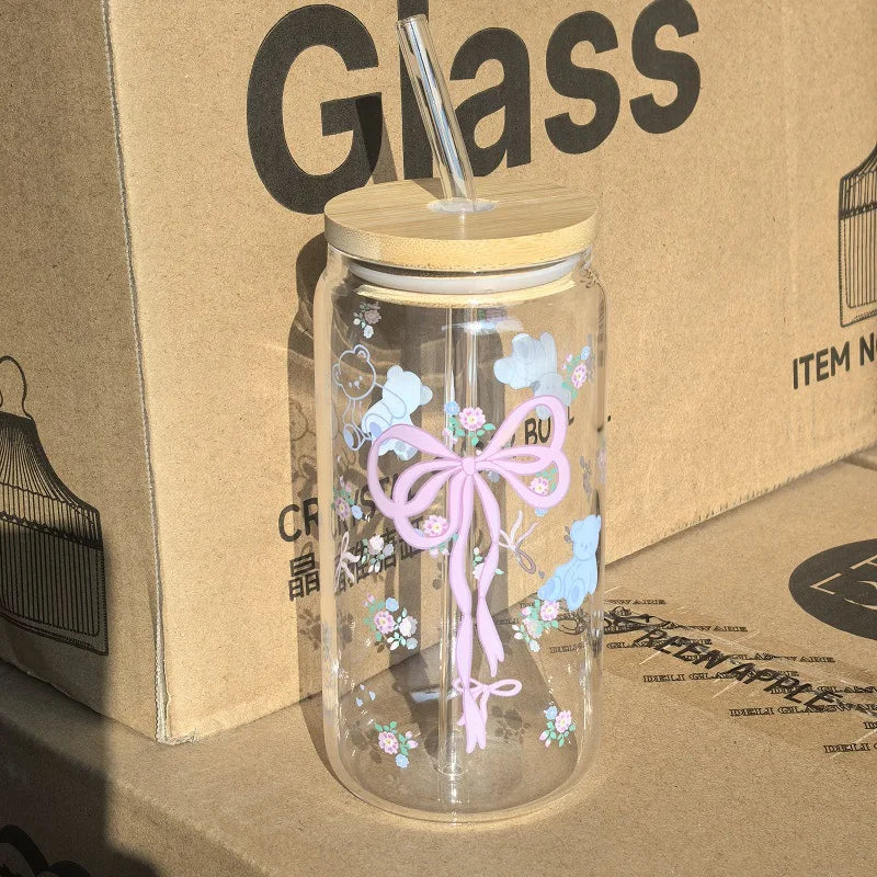 Cute Bow Glass Cup Tumbler Mason Jar Shaped With Lids & Straw