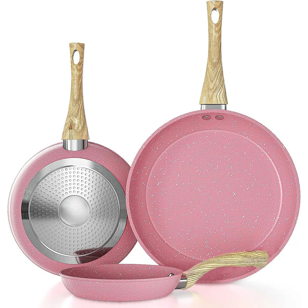 Non-stick Frying Pan Set, 8-inch, 9.5-inch, and 11 inch pink egg pans, anti warping base, compatible with induction